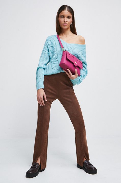 Sweter z domieszką wełny damski kolor turkusowy