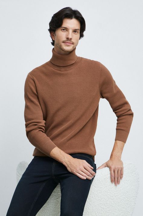 Bavlnený sveter pánsky hnedá farba