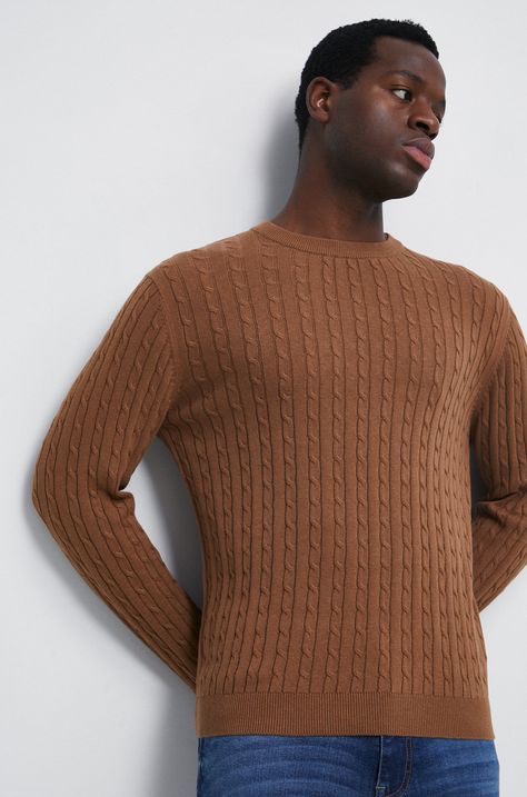 Bavlnený sveter pánsky s textúrou hnedá farba