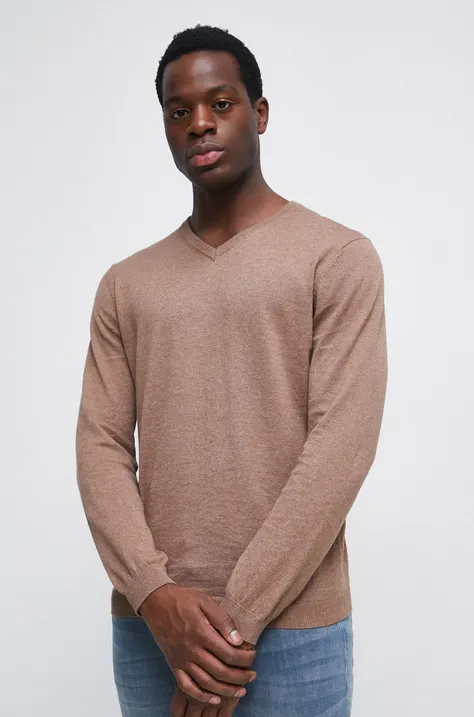 Bavlnený sveter pánsky z hladkej pleteniny béžová farba
