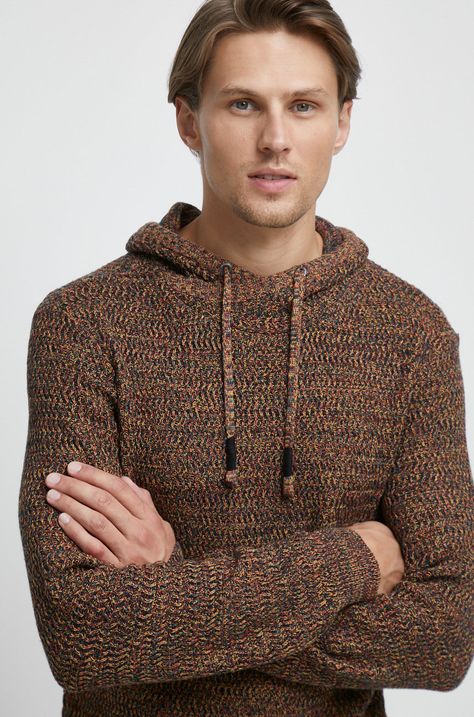 Sweter bawełniany męski wzorzysty brązowy