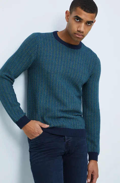 Sweter bawełniany męski wzorzysty turkusowy