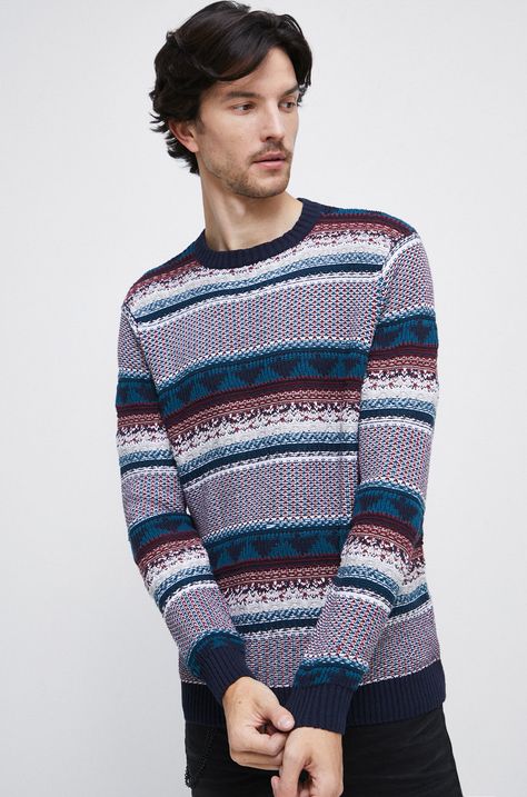 Sweter bawełniany męski wzorzysty kolor bordowy