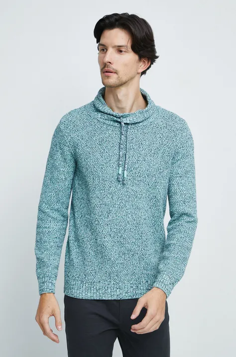 Bavlnený sveter pánsky so vzorom tyrkysová farba