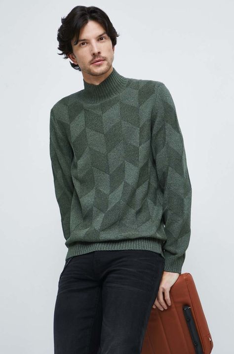 Sweter męski z półgolfem kolor zielony