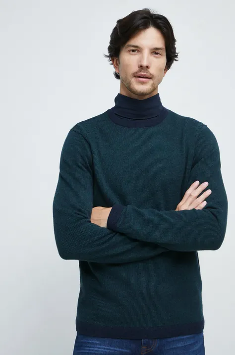 Sweter z domieszką wełny męski kolor turkusowy