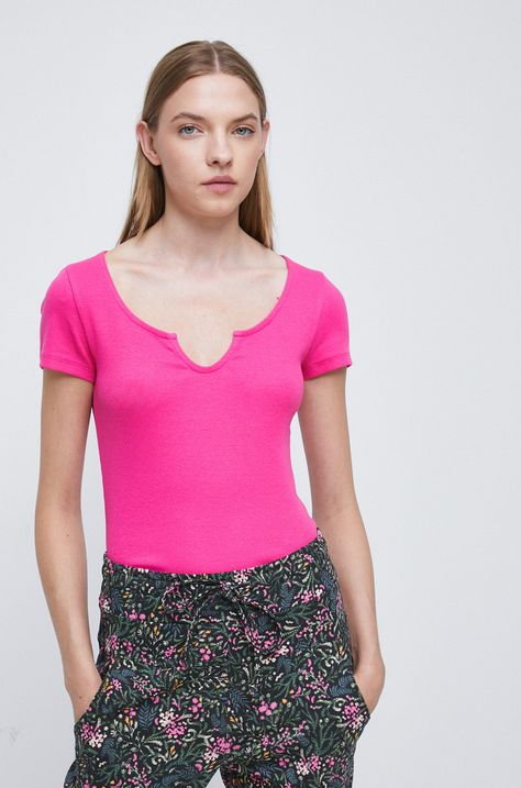 T-shirt damski prążkowany różowy