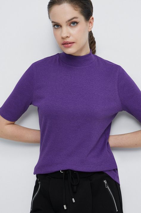 T-shirt damski prążkowany fioletowy