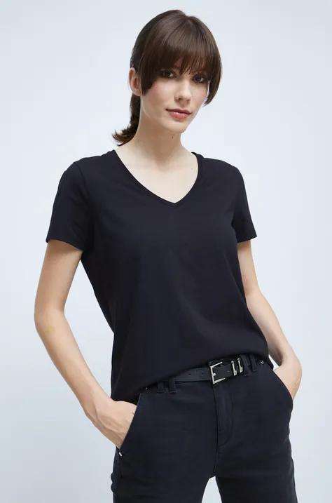 T-shirt bawełniany damski gładki z domieszką elastanu czarny