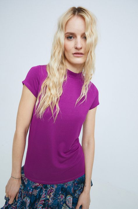 T-shirt damski gładki kolor fioletowy