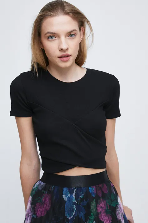 T-shirt damski prążkowany czarny