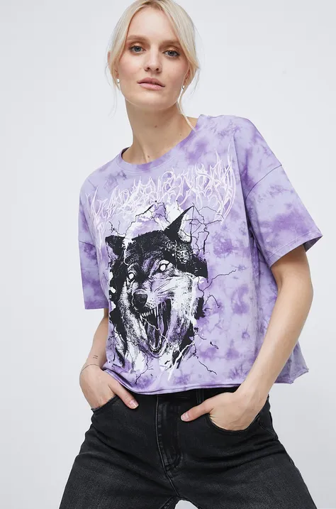 T-shirt bawełniany z nadrukiem fioletowy