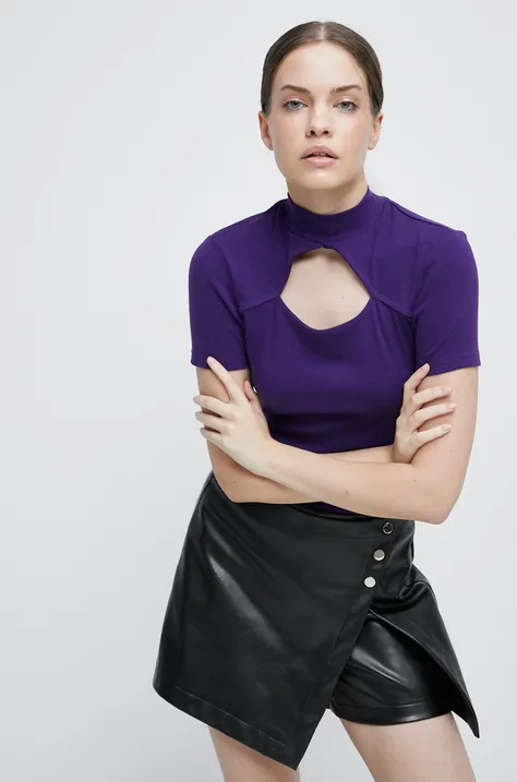 T-shirt bawełniany damski gładki z domieszką elastanu fioletowy