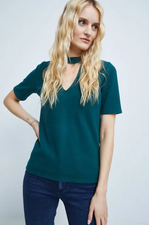 T-shirt damski prążkowany kolor turkusowy