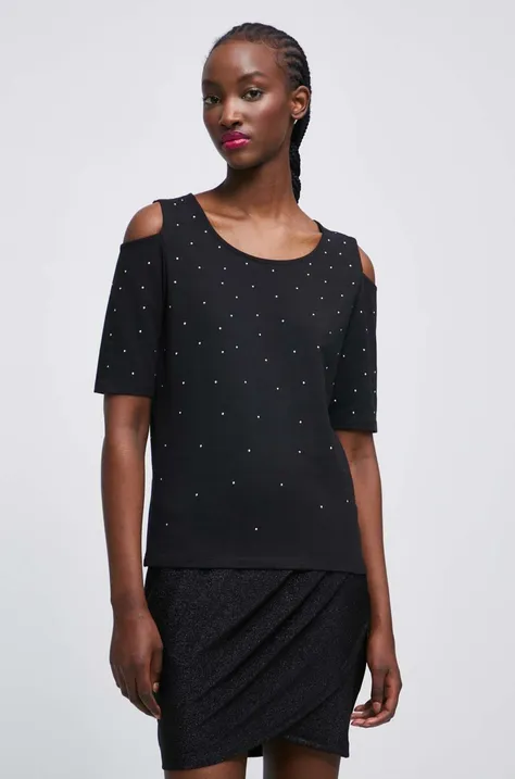 T-shirt bawełniany damski z ozdobną aplikacją z domieszką elastanu kolor czarny