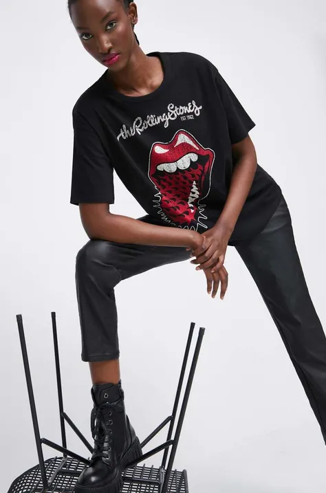 Bavlnené tričko dámske The Rolling Stones čierna farba