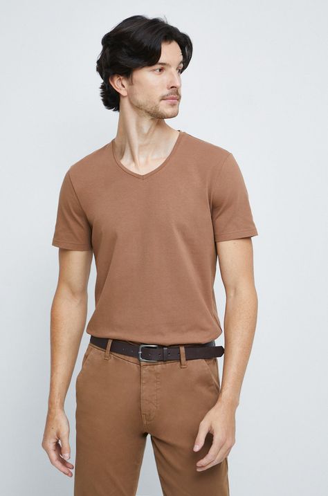 T-shirt męski gładki kolor brązowy