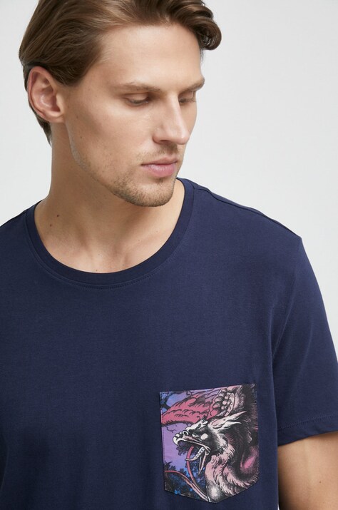 T-shirt bawełniany z nadrukiem granatowy