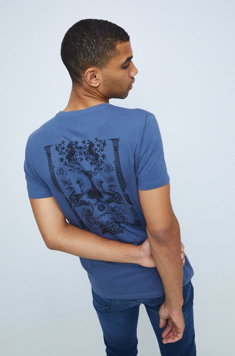 T-shirt bawełniany męski z nadrukiem niebieski