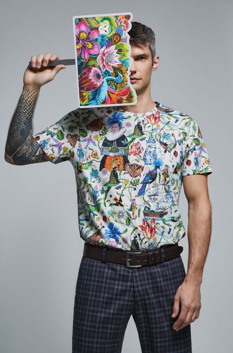 T-shirt bawełniany męski by Olaf Hajek kolor beżowy