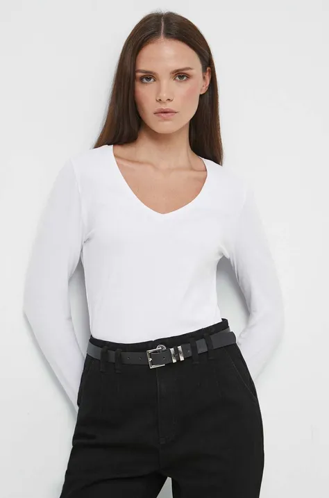 Bavlnené tričko s dlhým rukávom dámsky biela farba