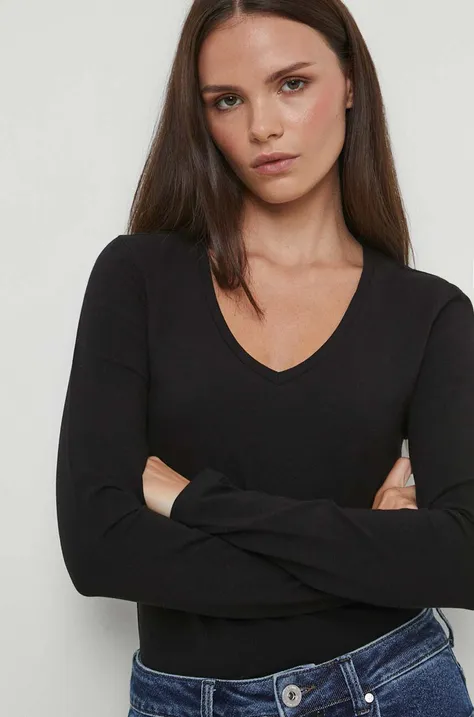 Bavlnené tričko s dlhým rukávom dámsky čierna farba
