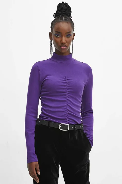Bavlnené tričko s dlhým rukávom dámske hladké fialová farba