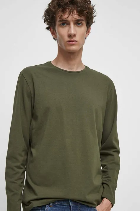 Bavlnené tričko s dlhým rukávom pánske zelená farba