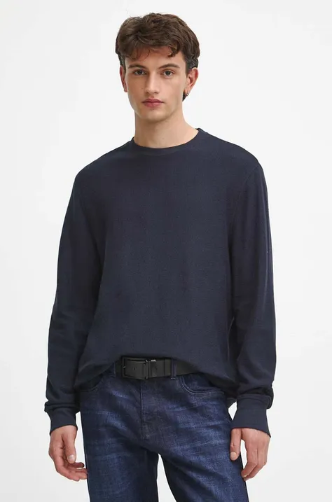 Bavlnené tričko s dlhým rukávom pánske s textúrou tmavomodrá farba