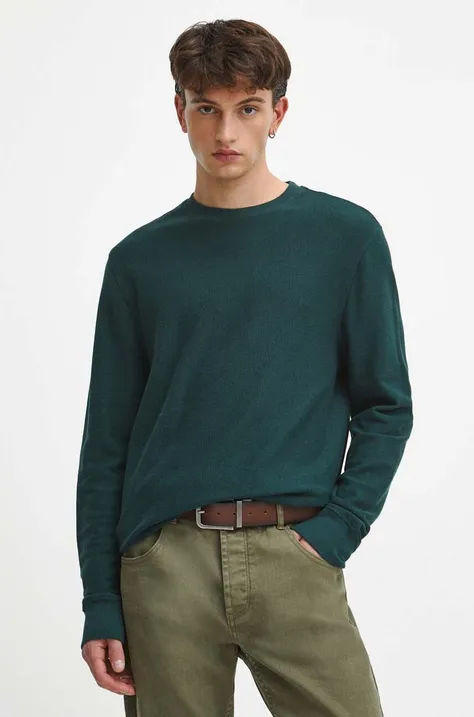 Bavlněné tričko s dlouhým rukavem pánské s texturou zelená barva