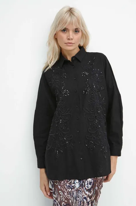 Bavlnená košeľa dámska s ozdobnou výšivkou čierna farba