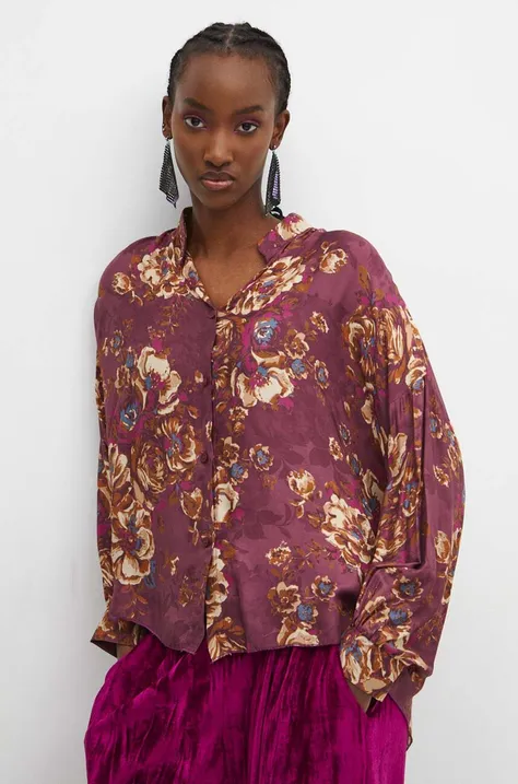Košulja s primjesom svile Medicine za žene, boja: ljubičasta, relaxed, s ruskim ovratnikom