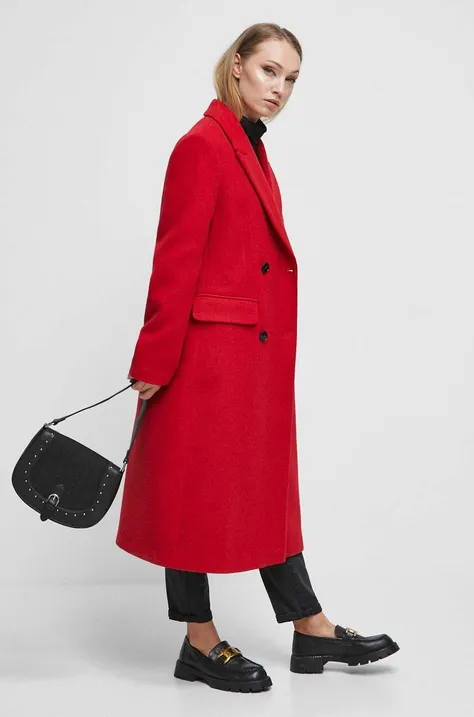 Kabát s prímesou vlny dámsky červená farba