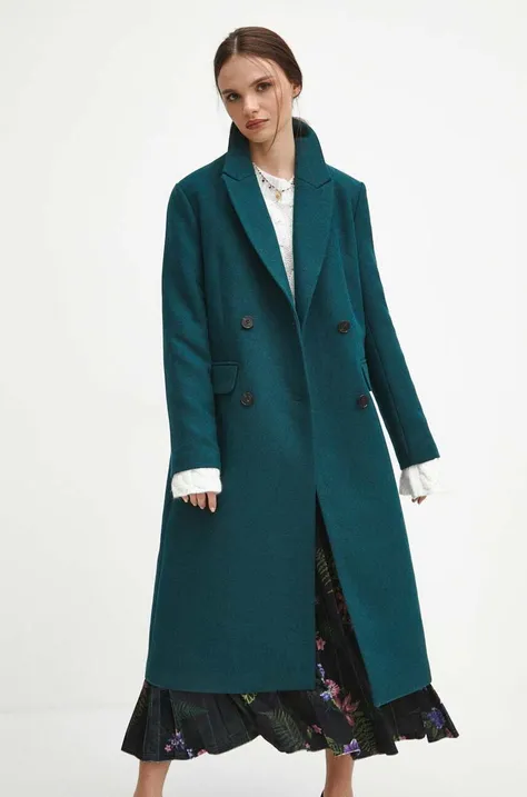 Kabát s příměsí vlny Medicine zelená barva, přechodný, dvouřadový