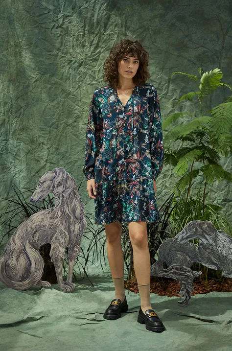 Šaty dámske z kolekcie Grafický atlas zvierat tyrkysová farba