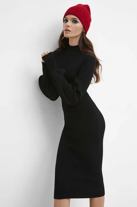 Sukienka damska prążkowana midi w stylu casual kolor czarny