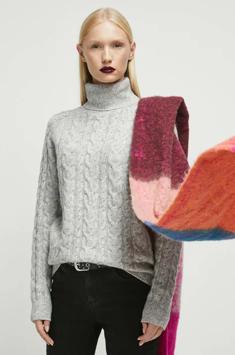 Medicine sweter z domieszką wełny damski kolor szary z golfem