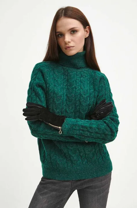 Medicine gyapjúkeverék pulóver női, zöld, garbónyakú