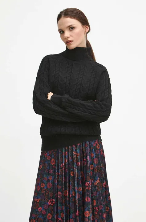 Medicine gyapjúkeverék pulóver női, fekete, garbónyakú