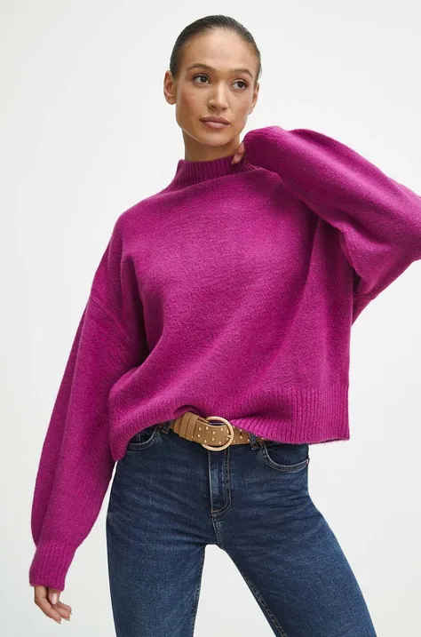 Sweter z domieszką wełny damski gładki kolor różowy