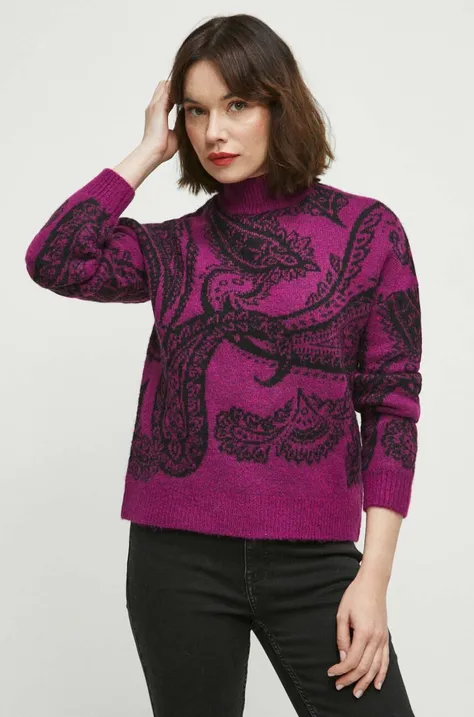 Sweter z domieszką wełny damski wzorzysty kolor fioletowy
