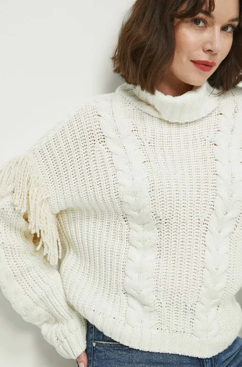 Sweter damski z ozdobnym splotem kolor beżowy