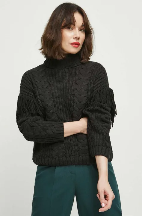 Medicine sweter damski kolor czarny ciepły z golfem