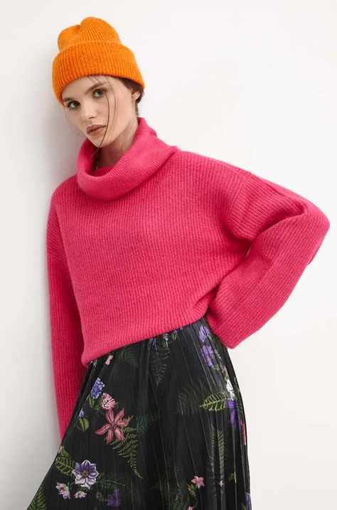 Sweter z domieszką wełny damski gładki kolor różowy