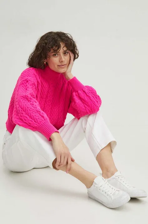 Sweter z domieszką wełny damski z fakturą kolor różowy
