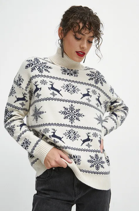 Sweter damski z motywem świątecznym kolor beżowy