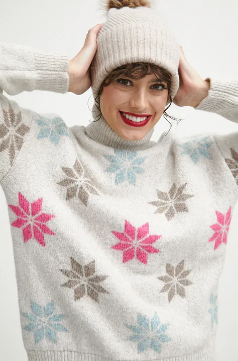 Sweter z domieszką wełny damski wzorzysty kolor beżowy