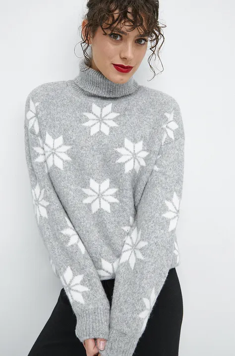 Medicine pulover din amestec de lana femei, culoarea gri, călduros, cu guler