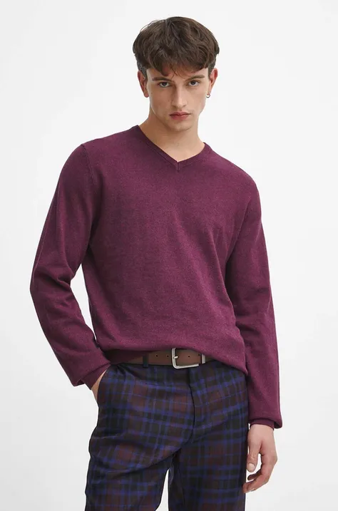 Bavlnený sveter pánsky melanžový fialová farba