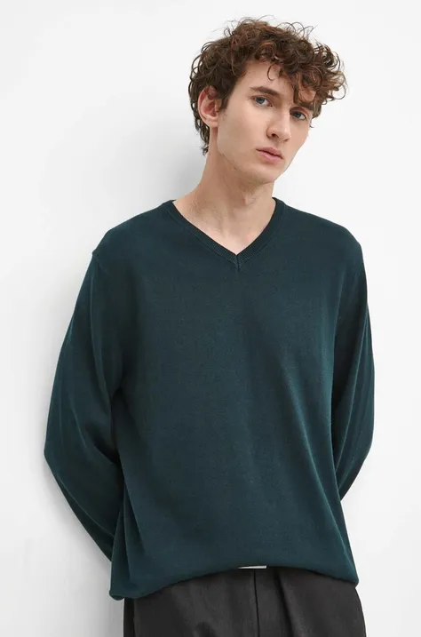 Bavlnený sveter pánsky hladký zelená farba